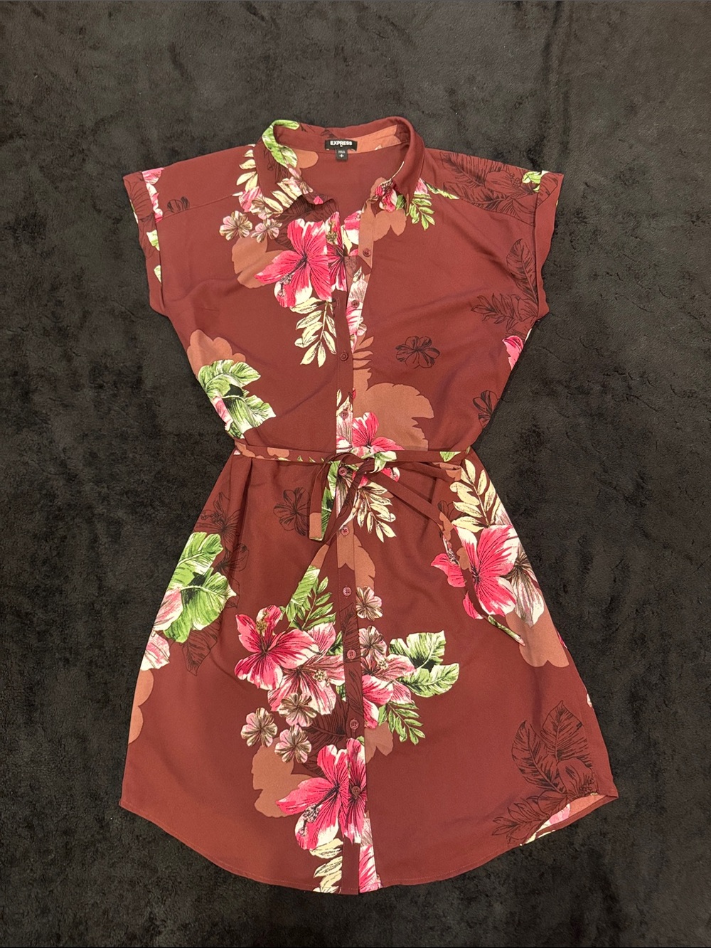 Express Floral Button-Up Dress in Burgundy, Pink and Green